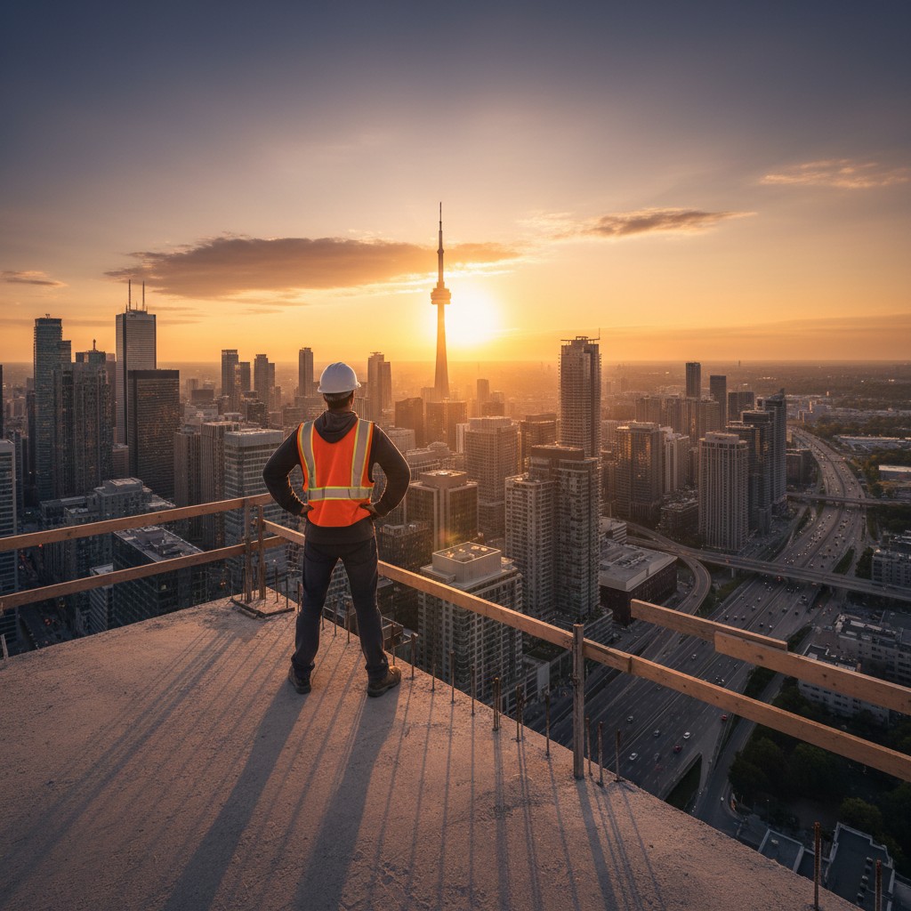 Construction foreman in hard hat and vest standing on top of a skyscraper under construction, overlooking the panoramic Toronto skyline at sunset.