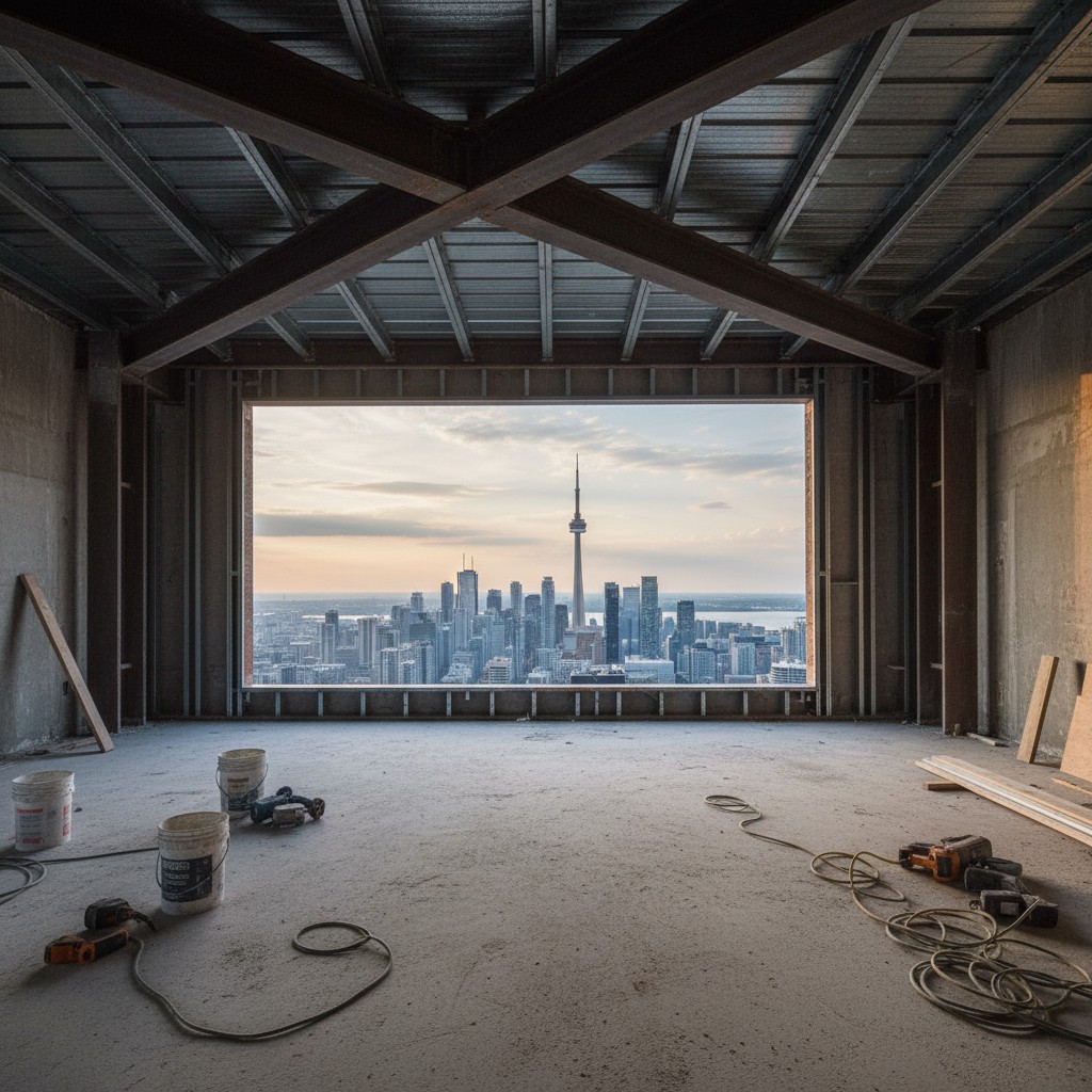Interior of a penthouse under construction with exposed beams and tools, framed by a wide-angle view of the Toronto skyline from a high vantage point.