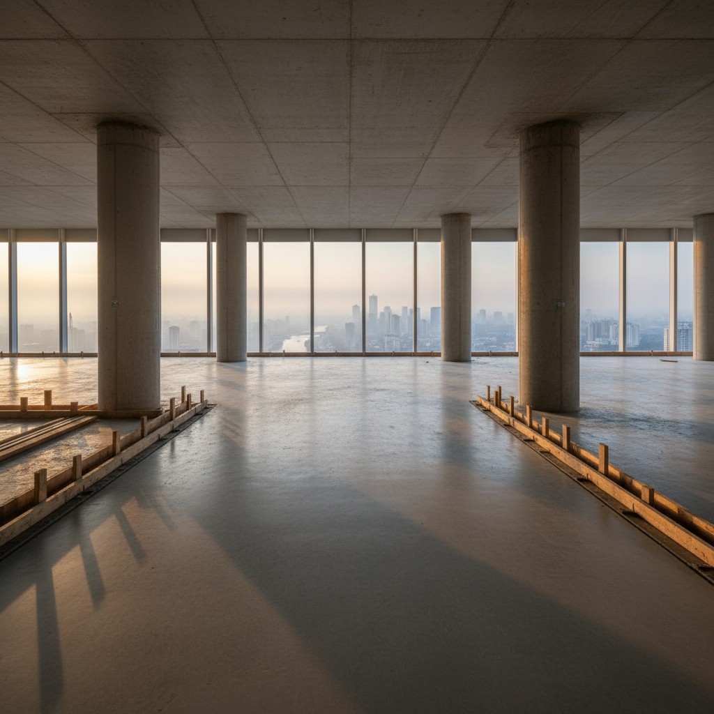 The raw, newly poured concrete floor of a high-rise building, with a hazy morning city skyline visible through the window openings.