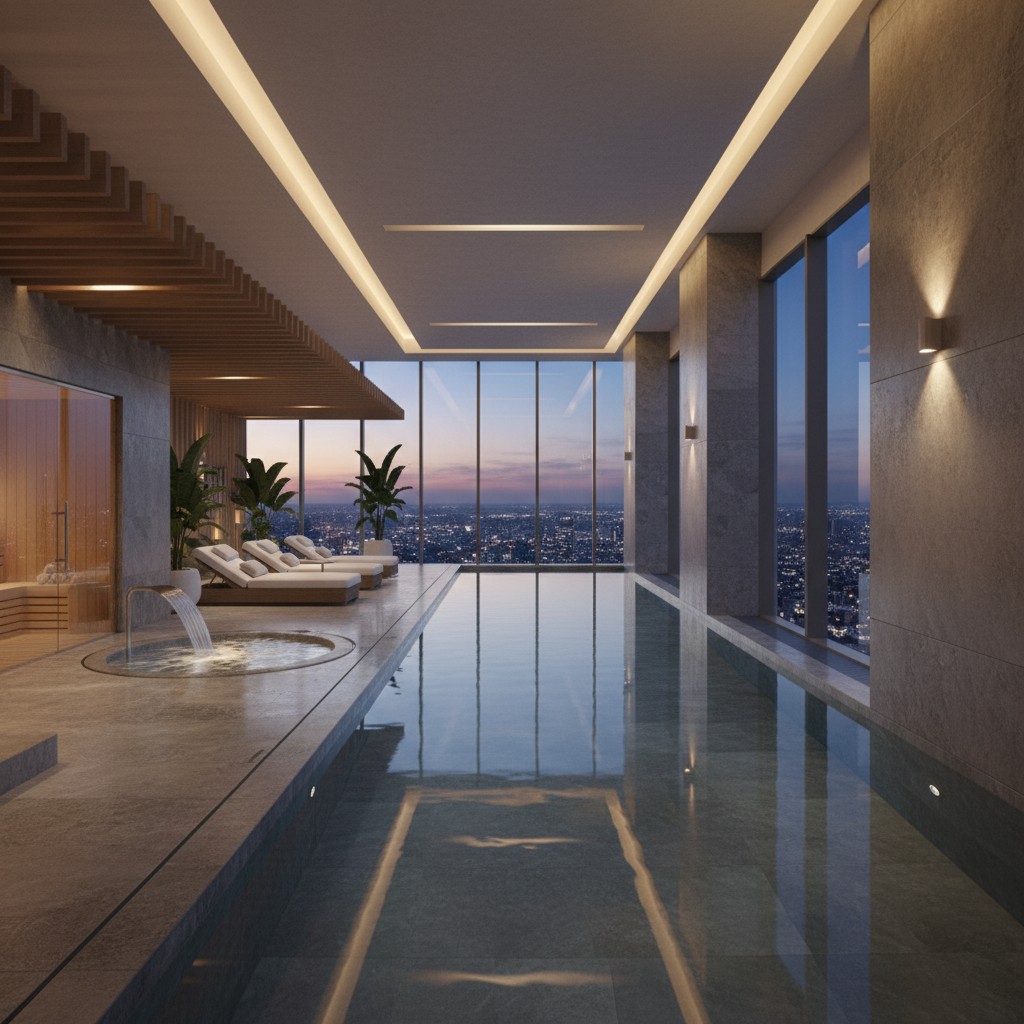 Luxurious indoor swimming pool and spa area in a high-rise condominium, with serene lighting, natural stone, and a city view at dusk.