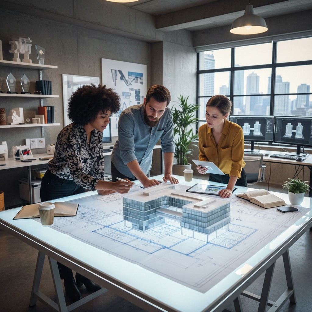 Team of diverse engineers and architects collaboratively reviewing a detailed blueprint and 3D model on an illuminated drafting table.