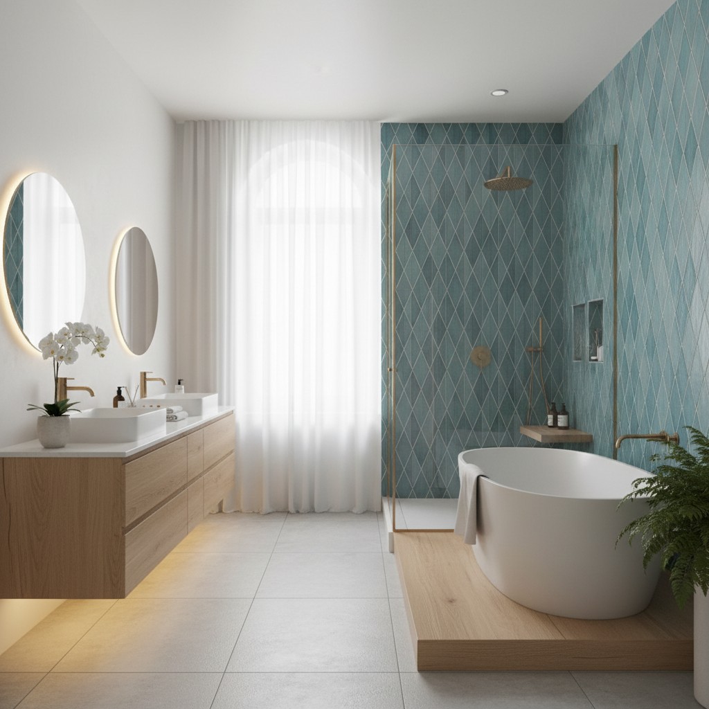 A serene, spa-like master bathroom featuring a freestanding soaking tub and a glass-enclosed shower with floor-to-ceiling tile.