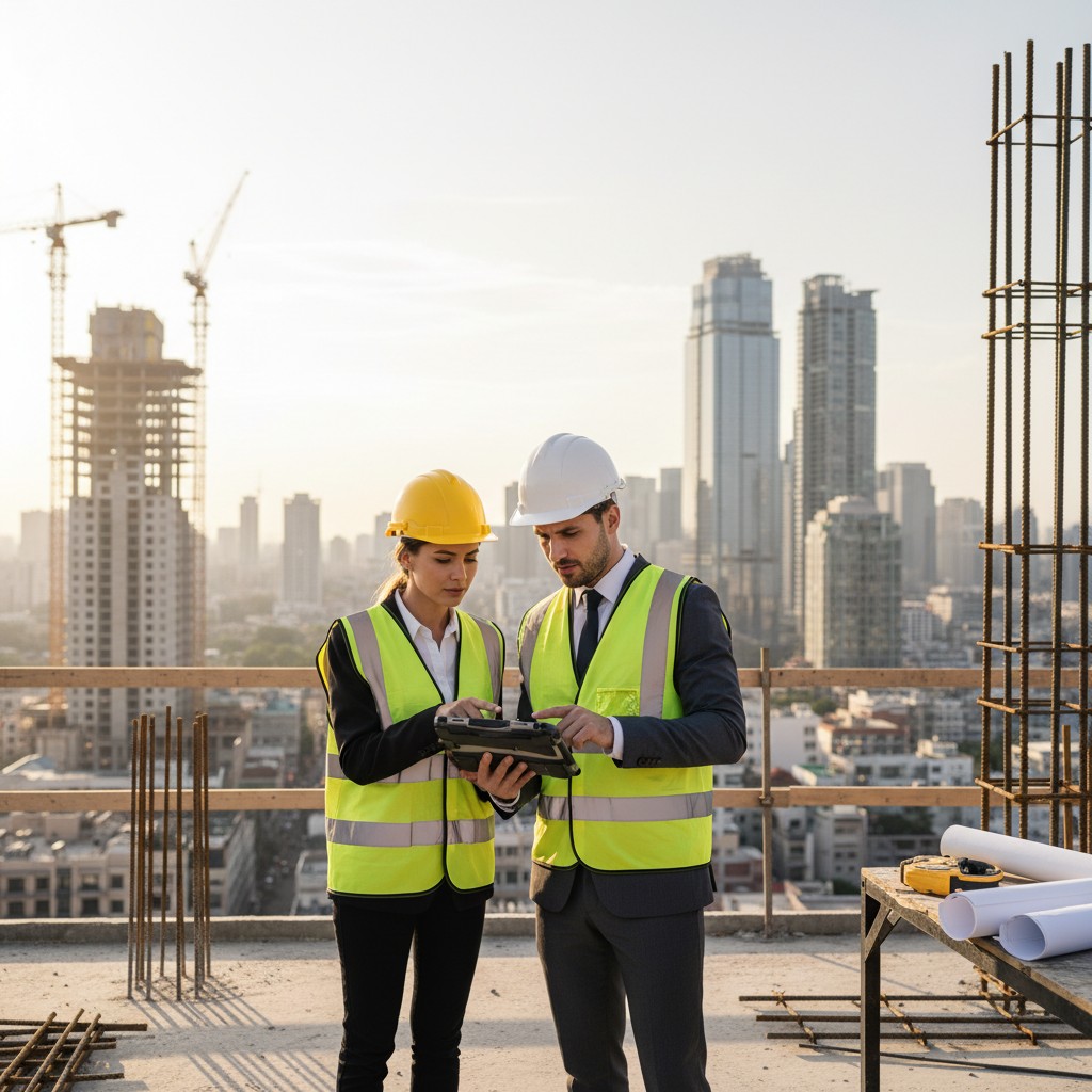 Two professionally dressed architects, male and female, reviewing blueprints on a tablet at a high-rise construction site with city views.